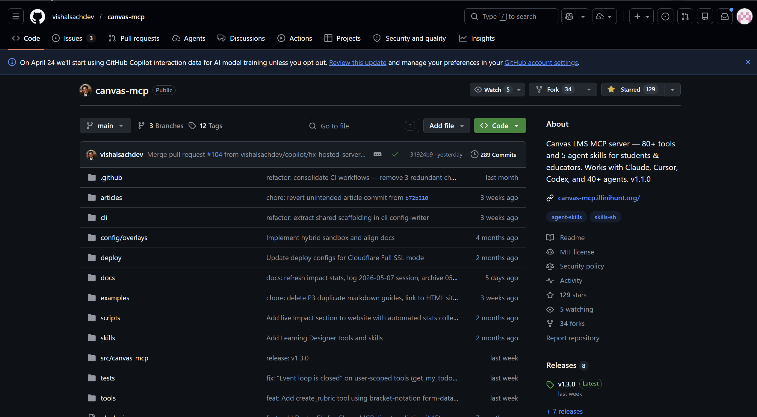 Screenshot of github.com/vishalsachdev/canvas-mcp